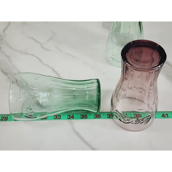 Coca Cola Libbey Drinking Glasses 16oz Embossed 6" Retro Glass Green Brown x3 - Picture 12 of 12